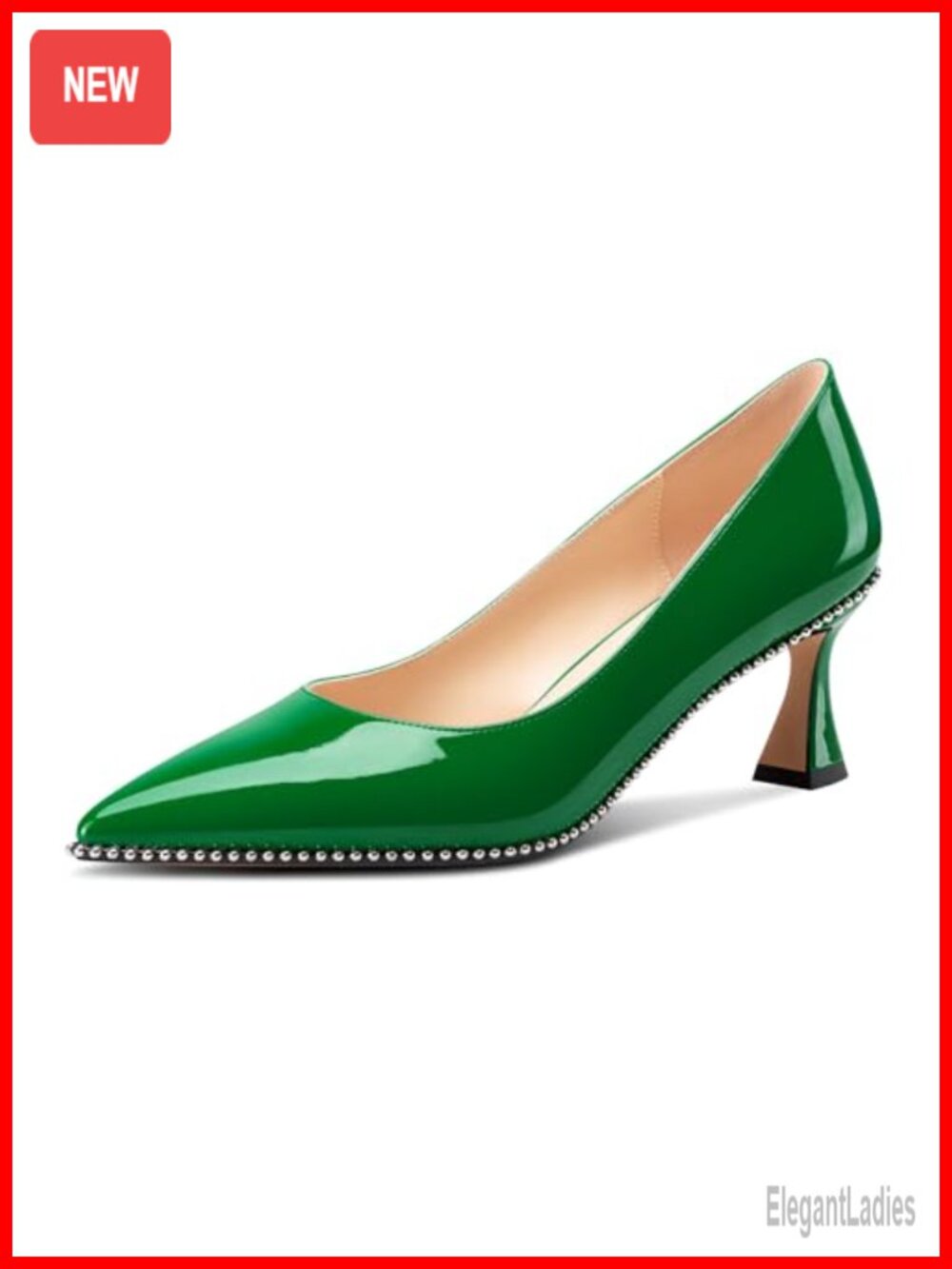 Kitten Heel Pointed Toe Pumps Slip-On Beaded Patent Leather Summer Heels